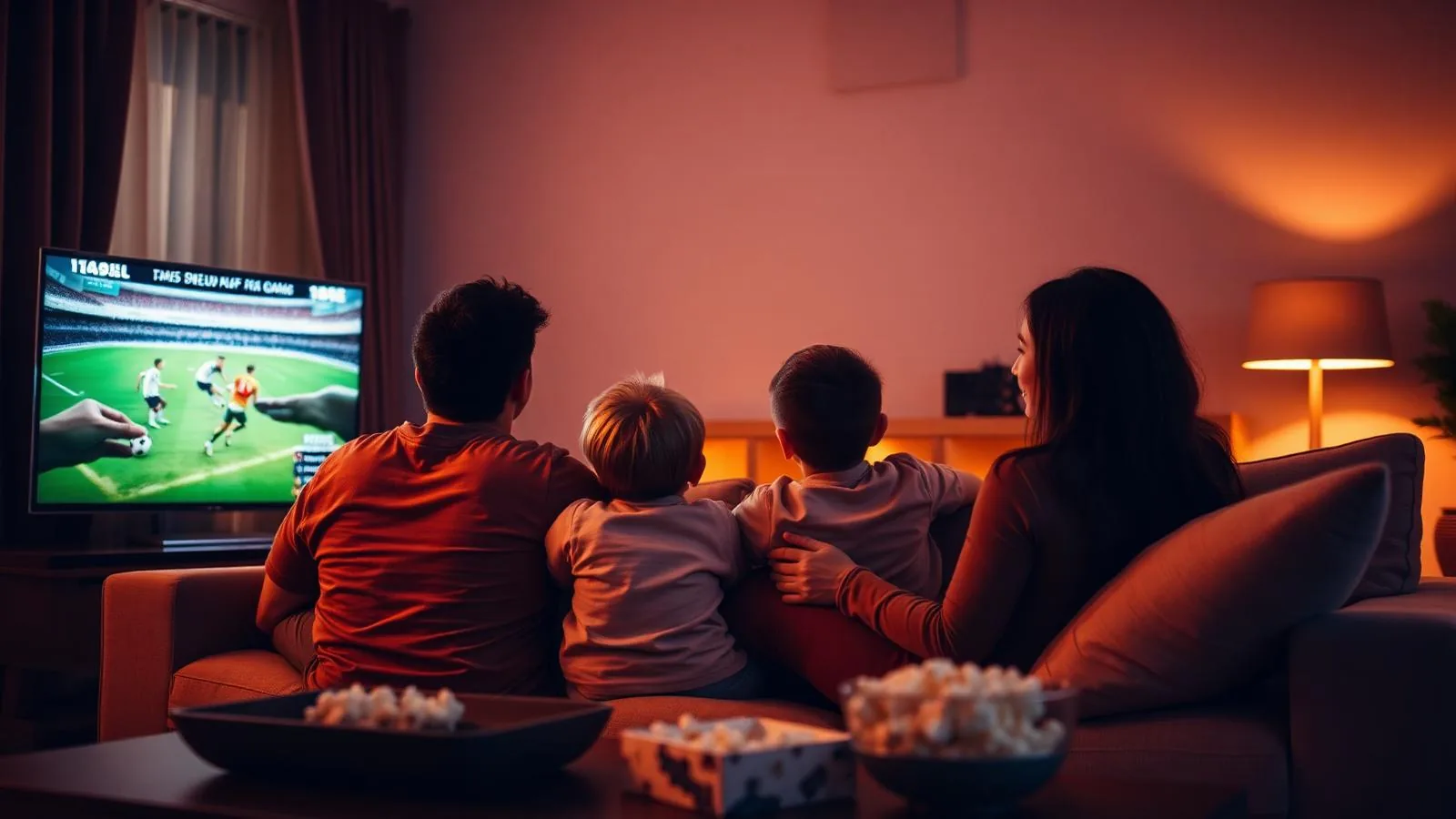 Família brasileira assistindo a um jogo de futebol em uma smart TV 4K na sala de estar